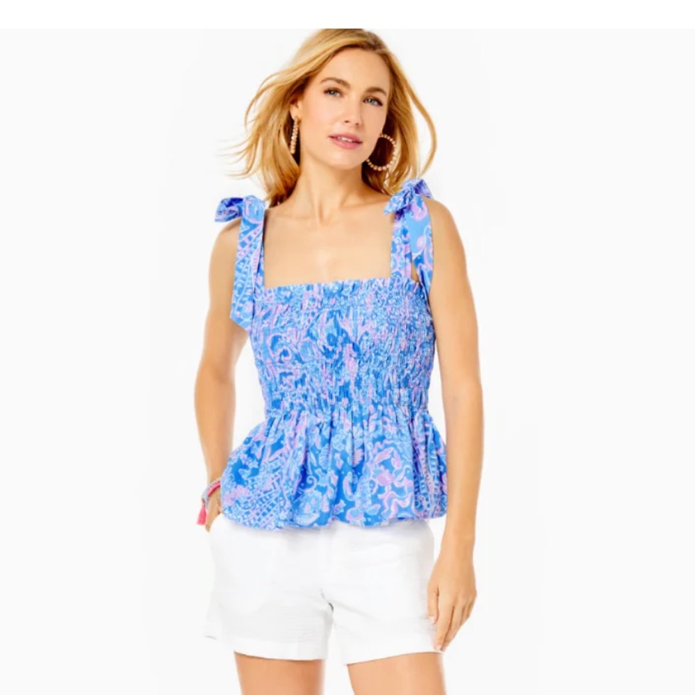 New with tags Lilly Pulitzer Rivera Smocked Top in Boca Blue Sea What I Sea